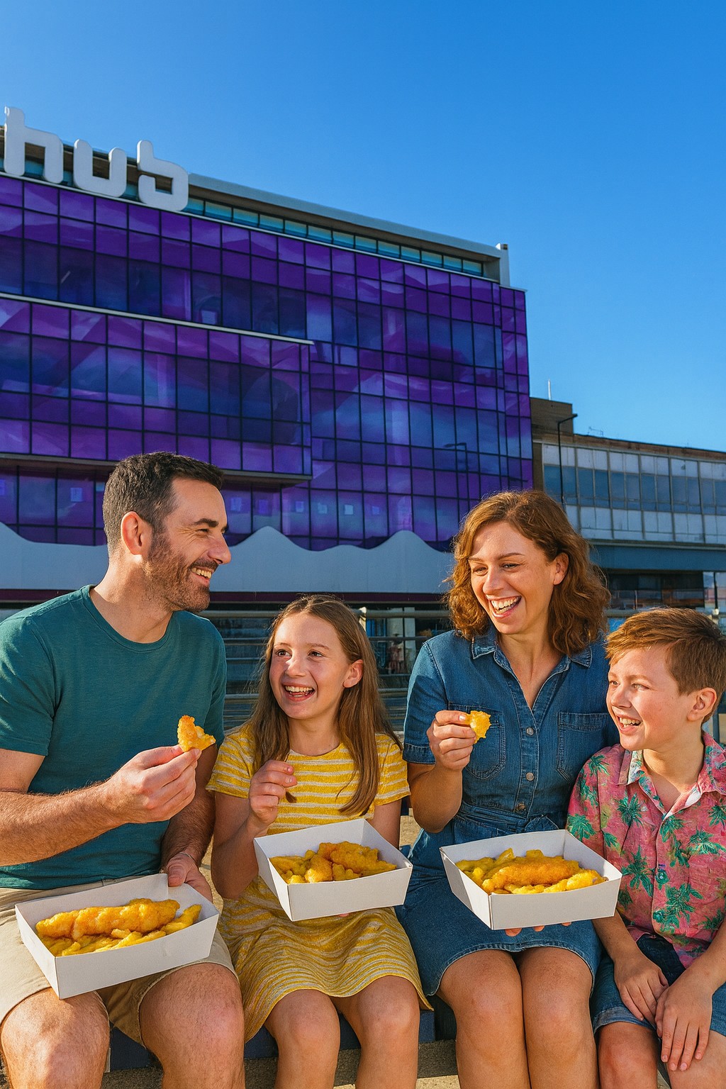 Family enjoying fish and chips near Redcar seafront