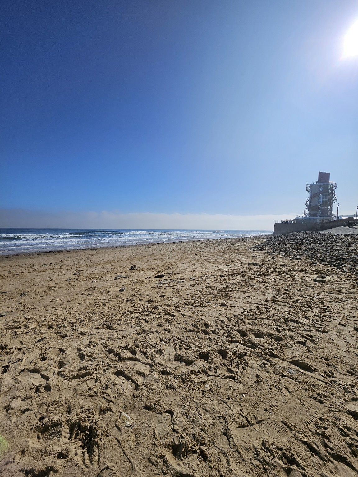 Majuba Beach and Redcar Beacon on a sunny day